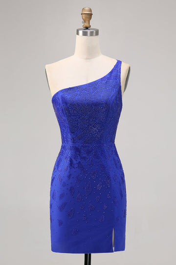 Sparkly Royal Blue Bodycon Beaded One Shoulder Short Cocktail Dress